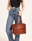 Mivva Handtooled Medium Bag - Soft Walnut Leather