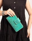 Desert Lotus Wallet - Turquoise Handtooled Leather & Calfskin
