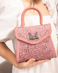 Leon Mini Handle Purse - Pink Handtooled Leather & Calfskin