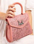 Leon Mini Handle Purse - Pink Handtooled Leather & Calfskin