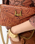 LW On The Go Mini Chain Bag In Hand Finished Embossed Leather - Brown