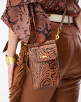 Shell Phone Bag In Hand Finished Embossed Leather - Brown