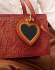 Heart Shape Bag Charm In Handtooled Leather