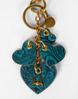 Heart Shape Keychain In Hand Finished Embossed Leather - Turquoise