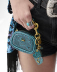 Heart Shape Keychain In Hand Finished Embossed Leather - Turquoise