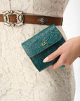 Sophia Card Holder In Hand Finished Embossed Leather - Turquoise