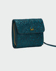 Sophia Card Holder In Hand Finished Embossed Leather - Turquoise