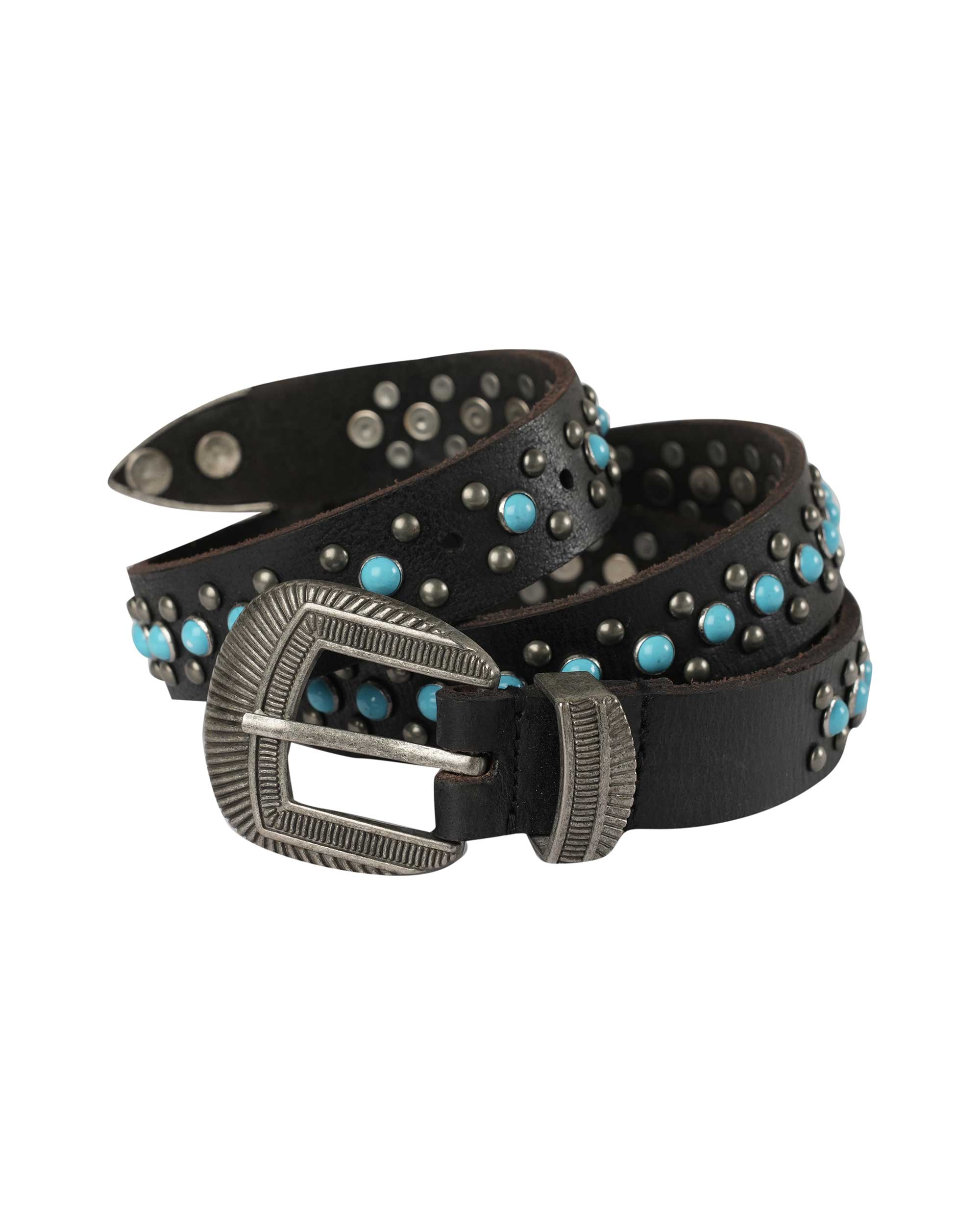 Midnight Ranger Western Leather Belt - Calfskin with Turquoise Stones