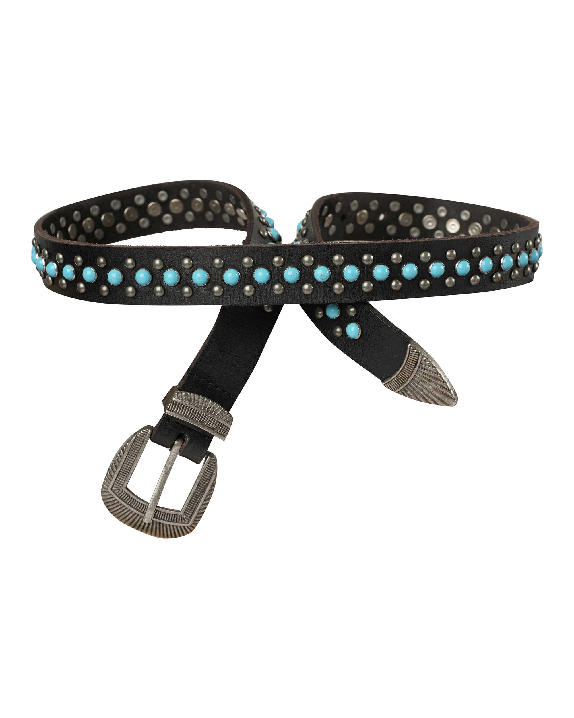 Midnight Ranger Western Leather Belt - Calfskin with Turquoise Stones
