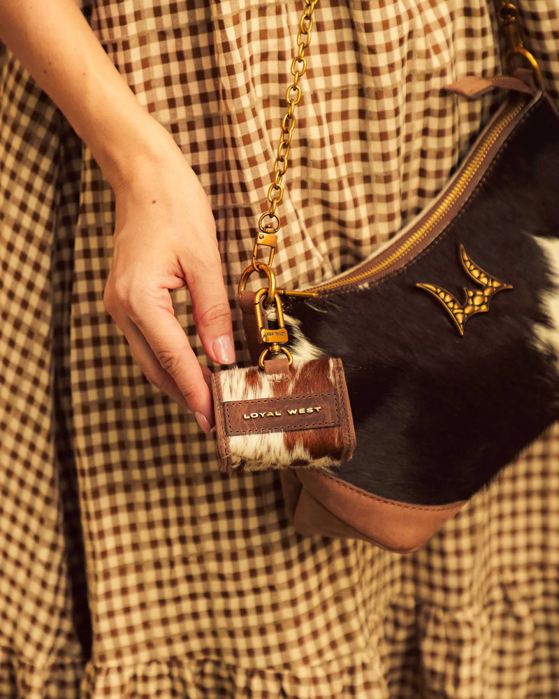 Gloriana Clip On Bag Charm - Brown & White Cowhide