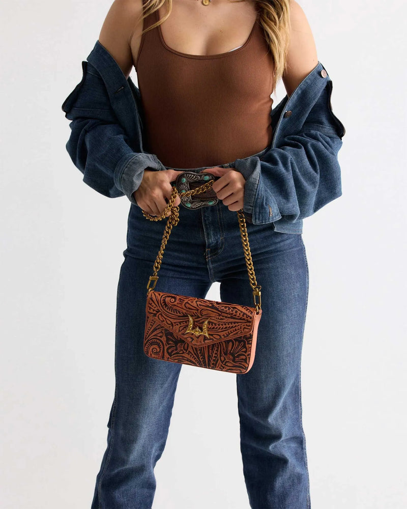 LW On The Go Mini Chain Bag In Hand Finished Embossed Leather - Brown