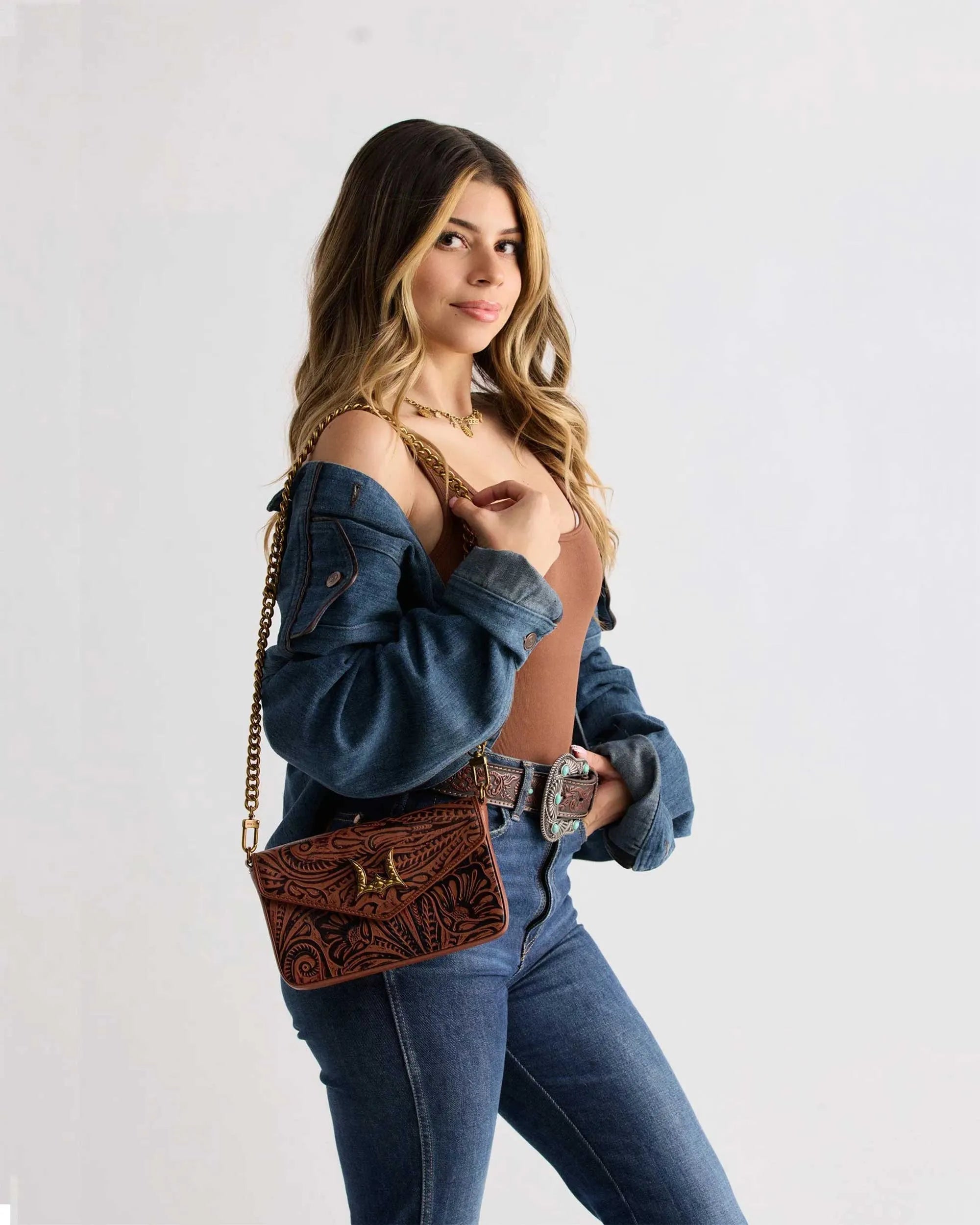 LW On The Go Mini Chain Bag In Hand Finished Embossed Leather - Brown