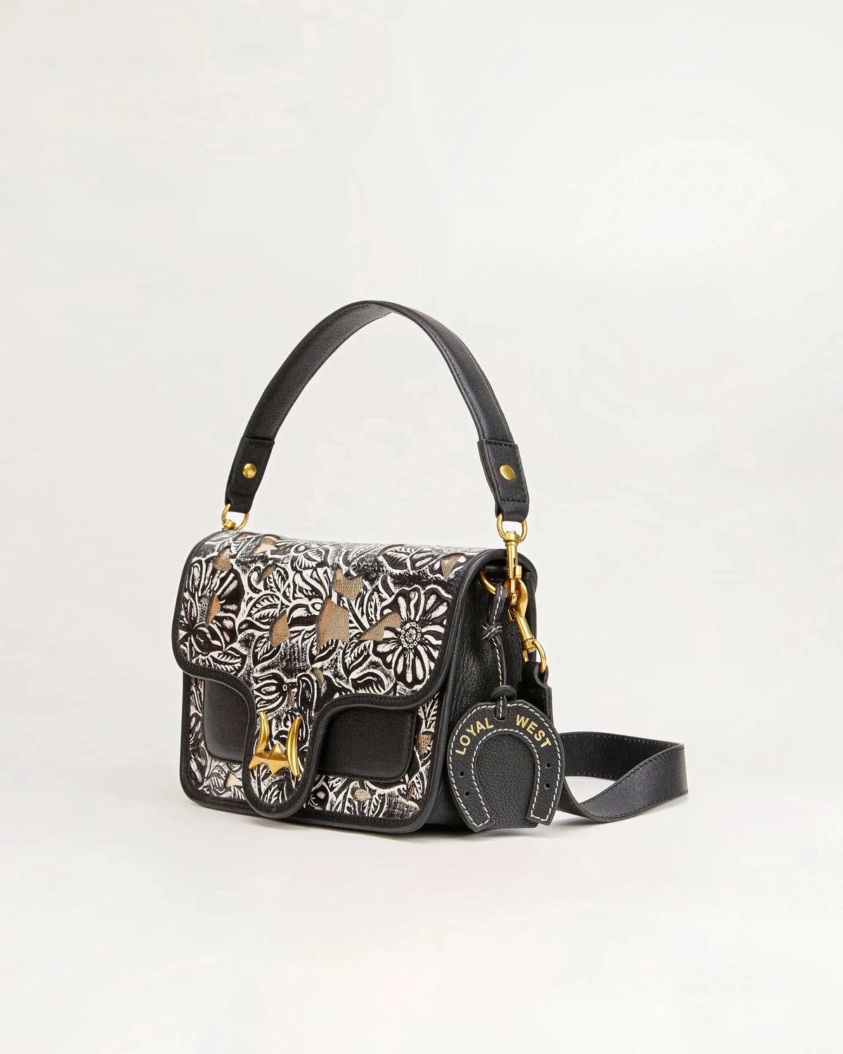 Shell Medium Purse – Black Floral Leather