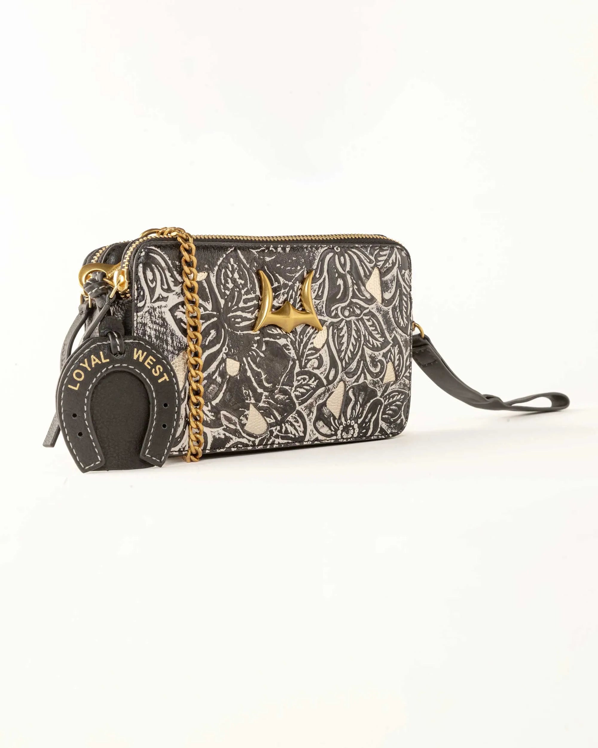 Shell Mini Purse in Black Floral Leather