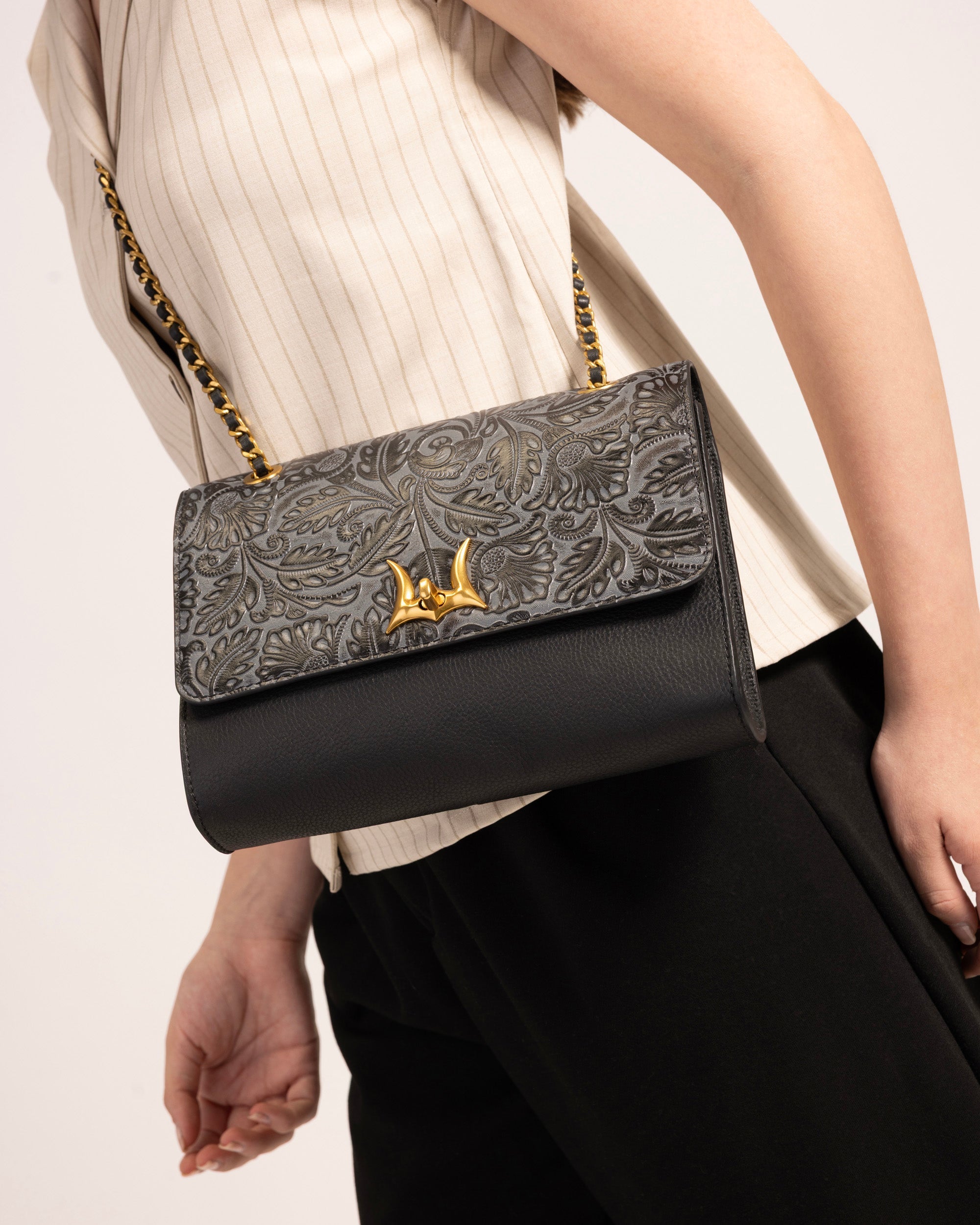 Savi Small Embossed &amp; Grained Leather Bag - Charcoal