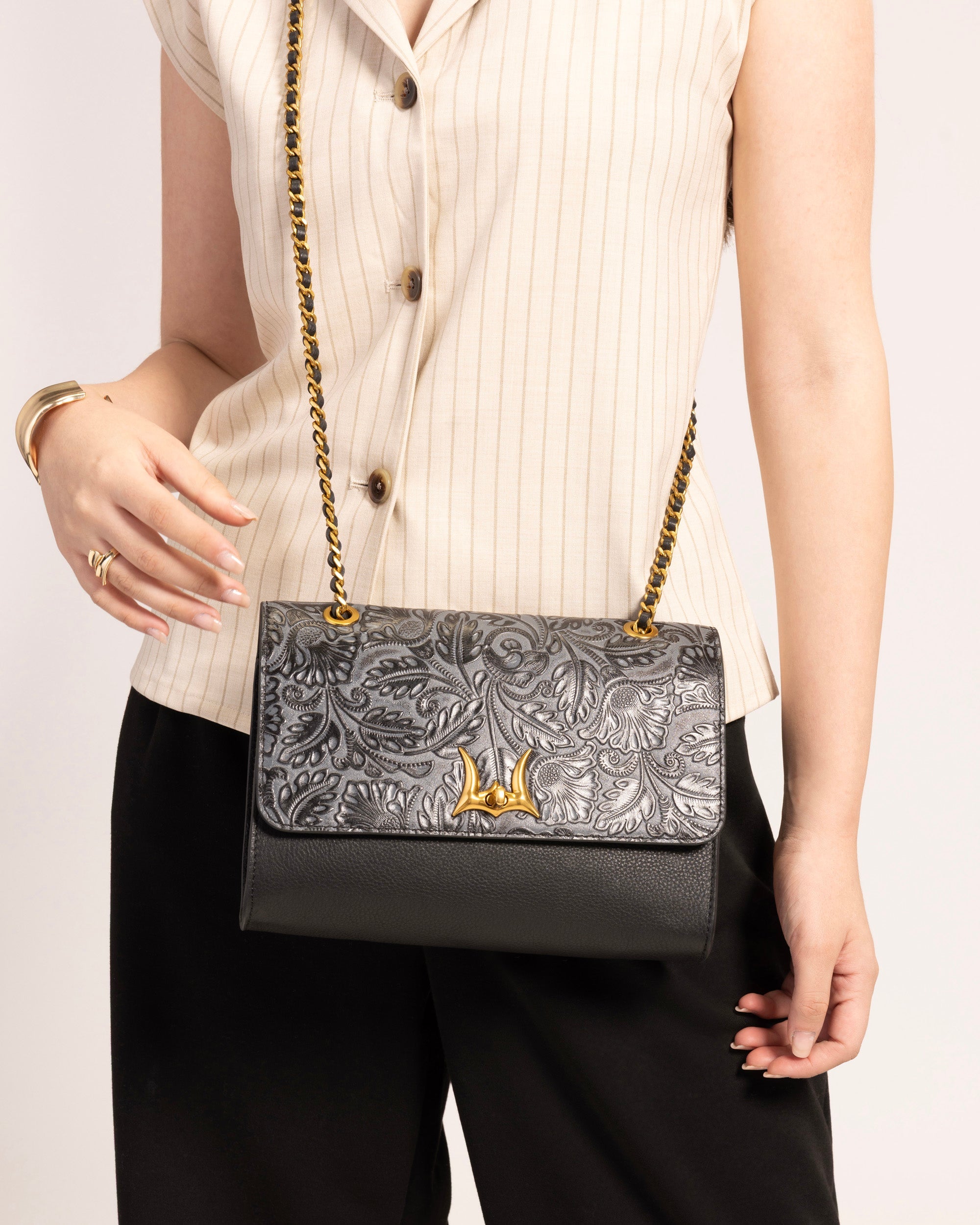 Savi Small Embossed &amp; Grained Leather Bag - Charcoal