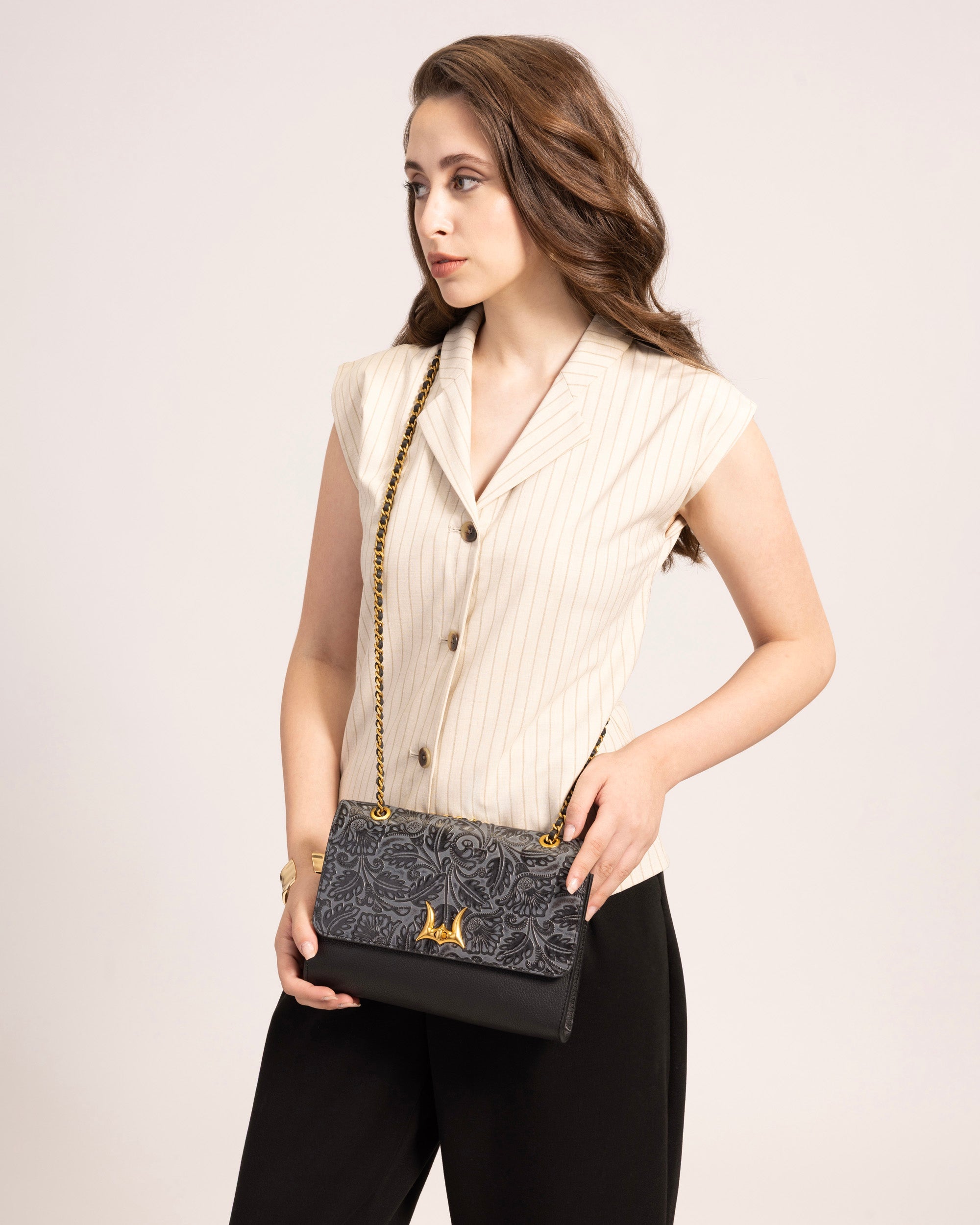 Savi Small Embossed &amp; Grained Leather Bag - Charcoal