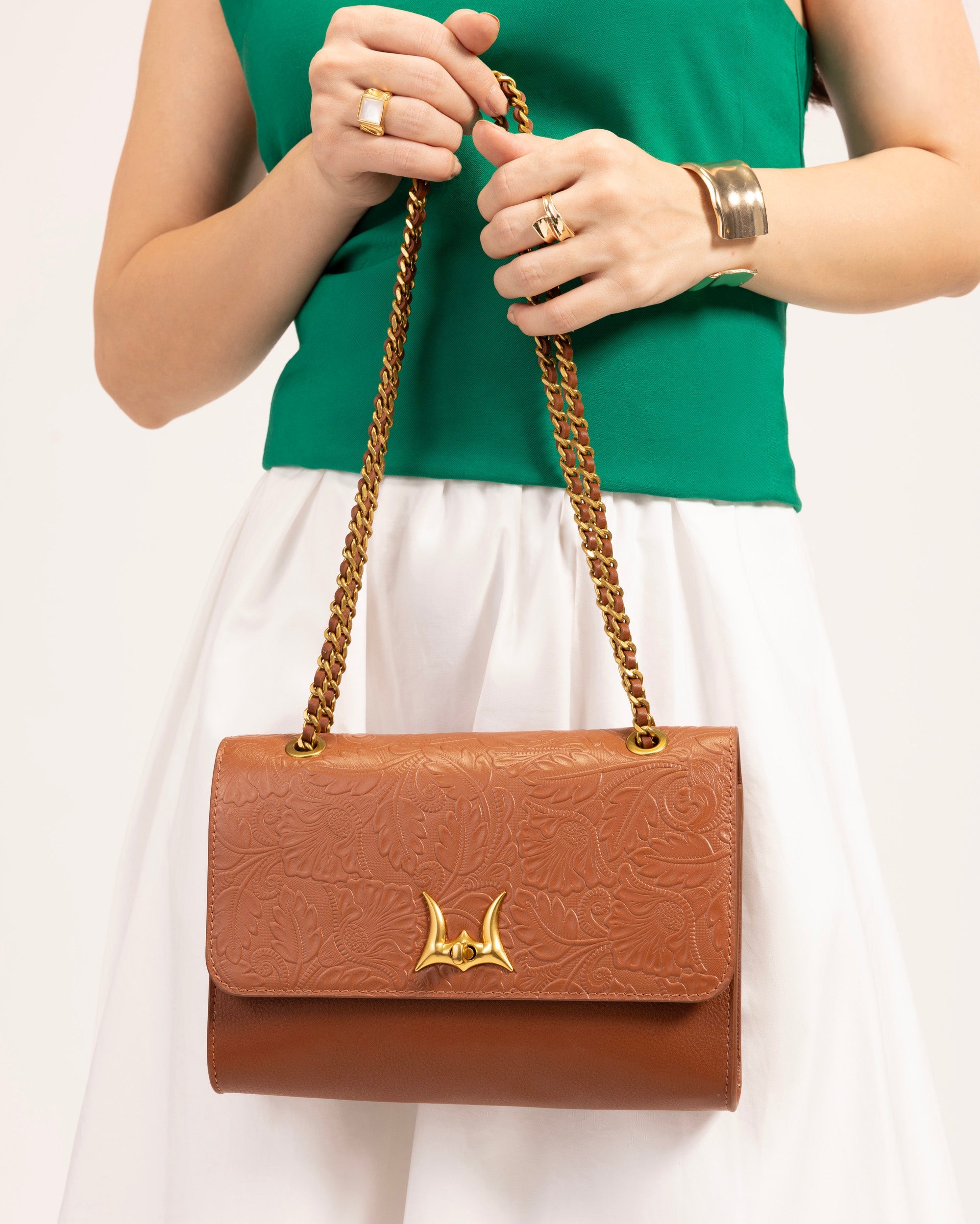 Savi Small Embossed &amp; Grained Leather Bag - Amber Glow