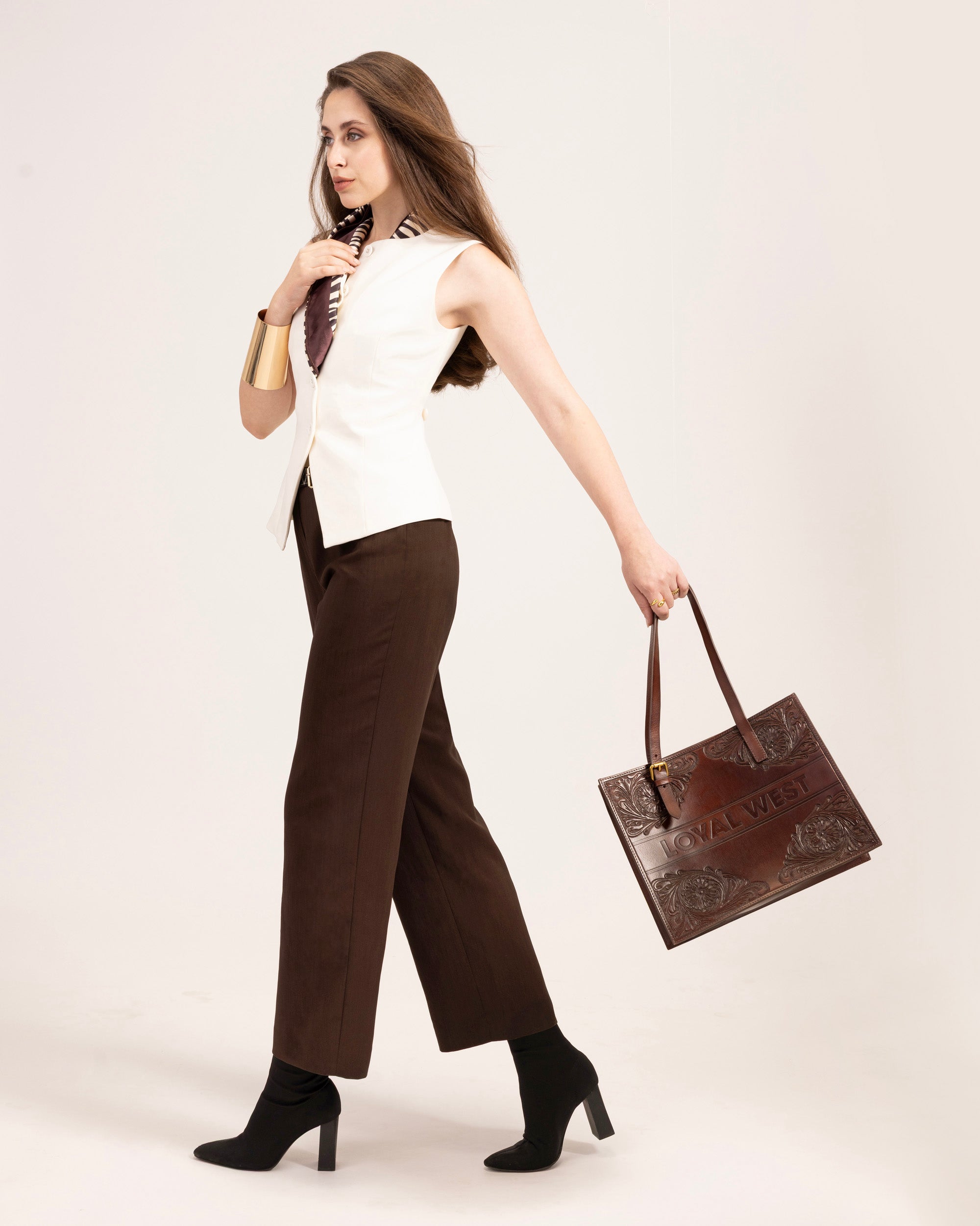 Mivva Handtooled Medium Bag - Brunette Leather