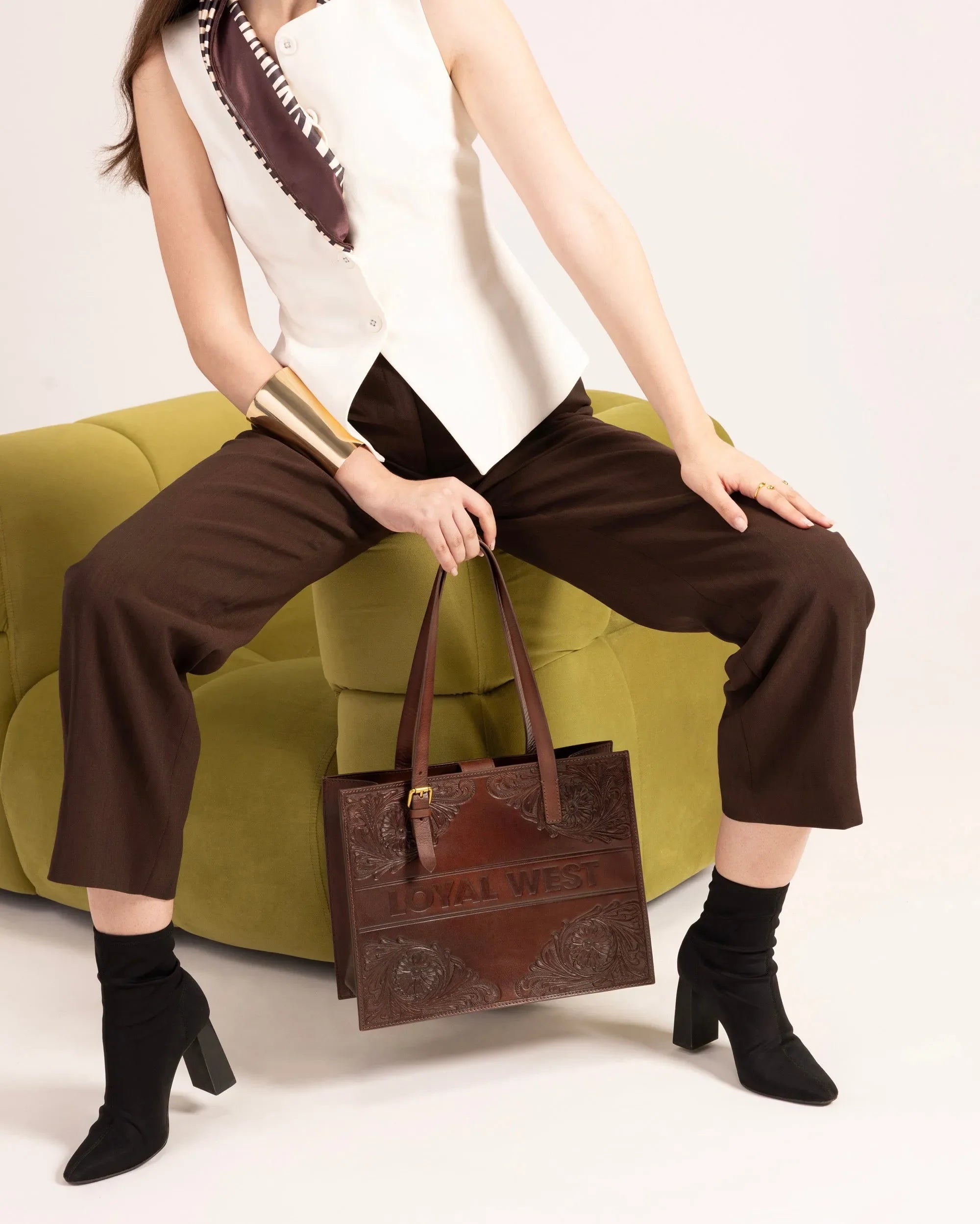 Mivva Handtooled Medium Bag - Brunette Leather