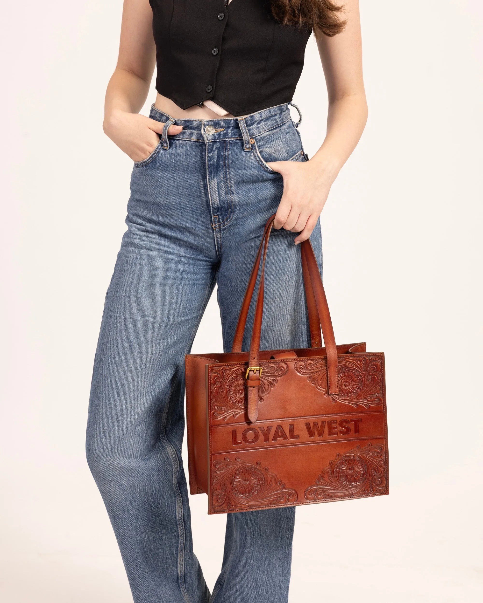 Mivva Handtooled Medium Bag - Soft Walnut Leather