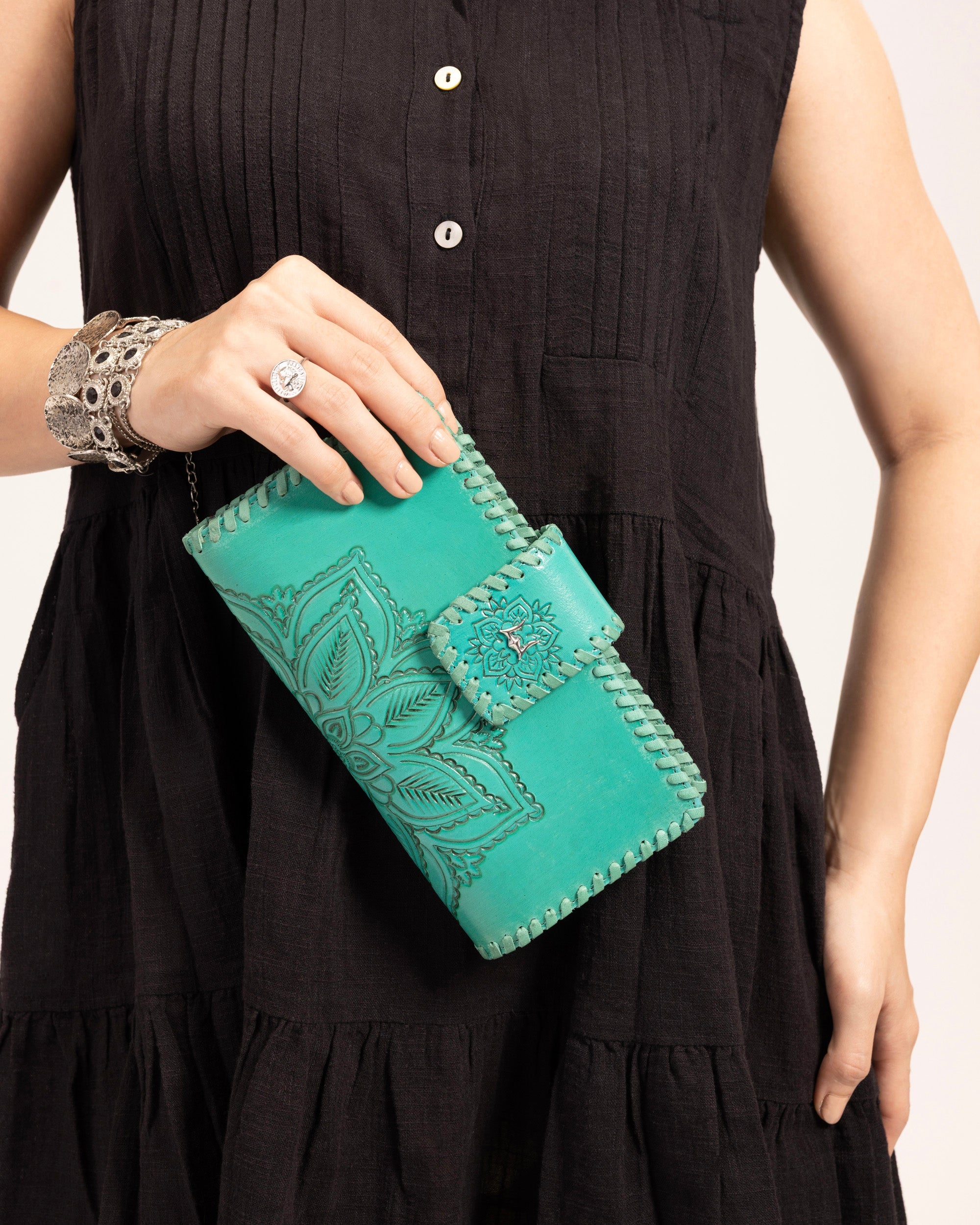 Desert Lotus Wallet  - Turquoise  Handtooled Leather &amp; Calfskin