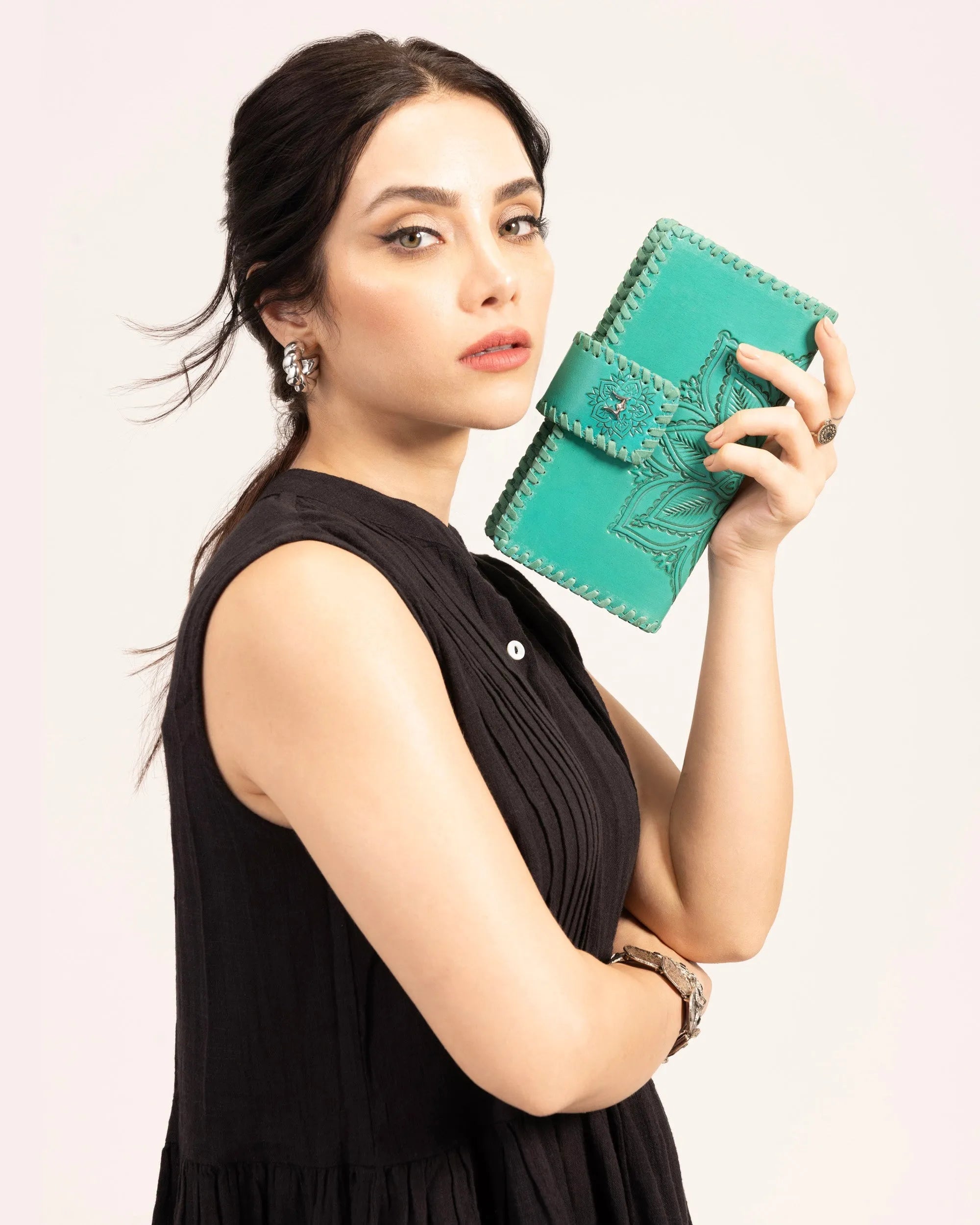 Desert Lotus Wallet  - Turquoise  Handtooled Leather &amp; Calfskin