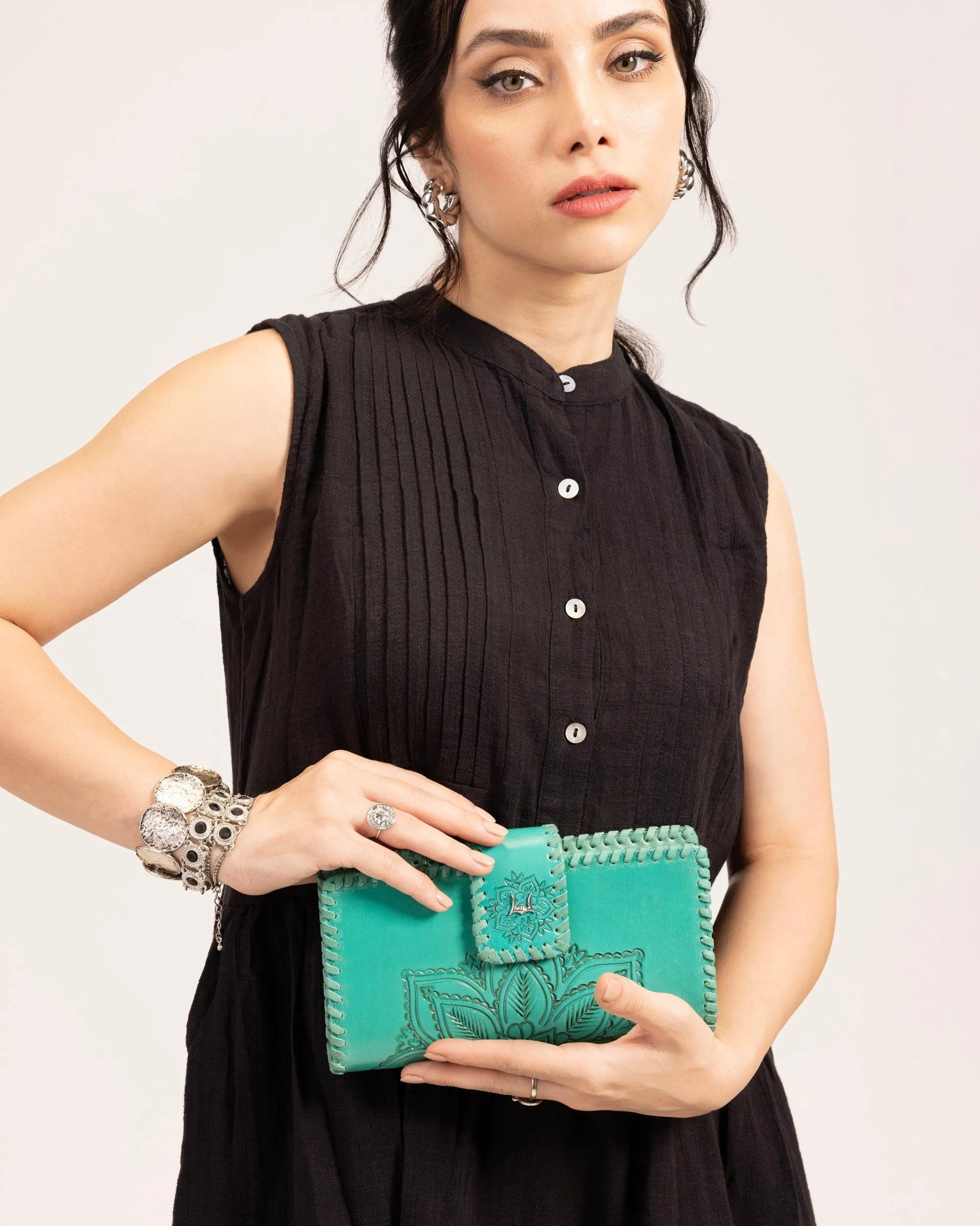 Desert Lotus Wallet  - Turquoise  Handtooled Leather &amp; Calfskin