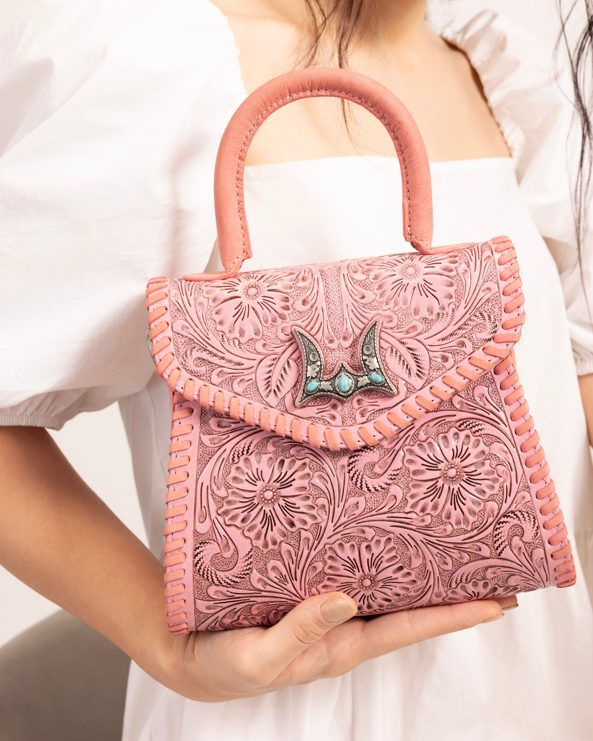 Leon Mini Handle Purse - Pink Handtooled Leather &amp; Calfskin