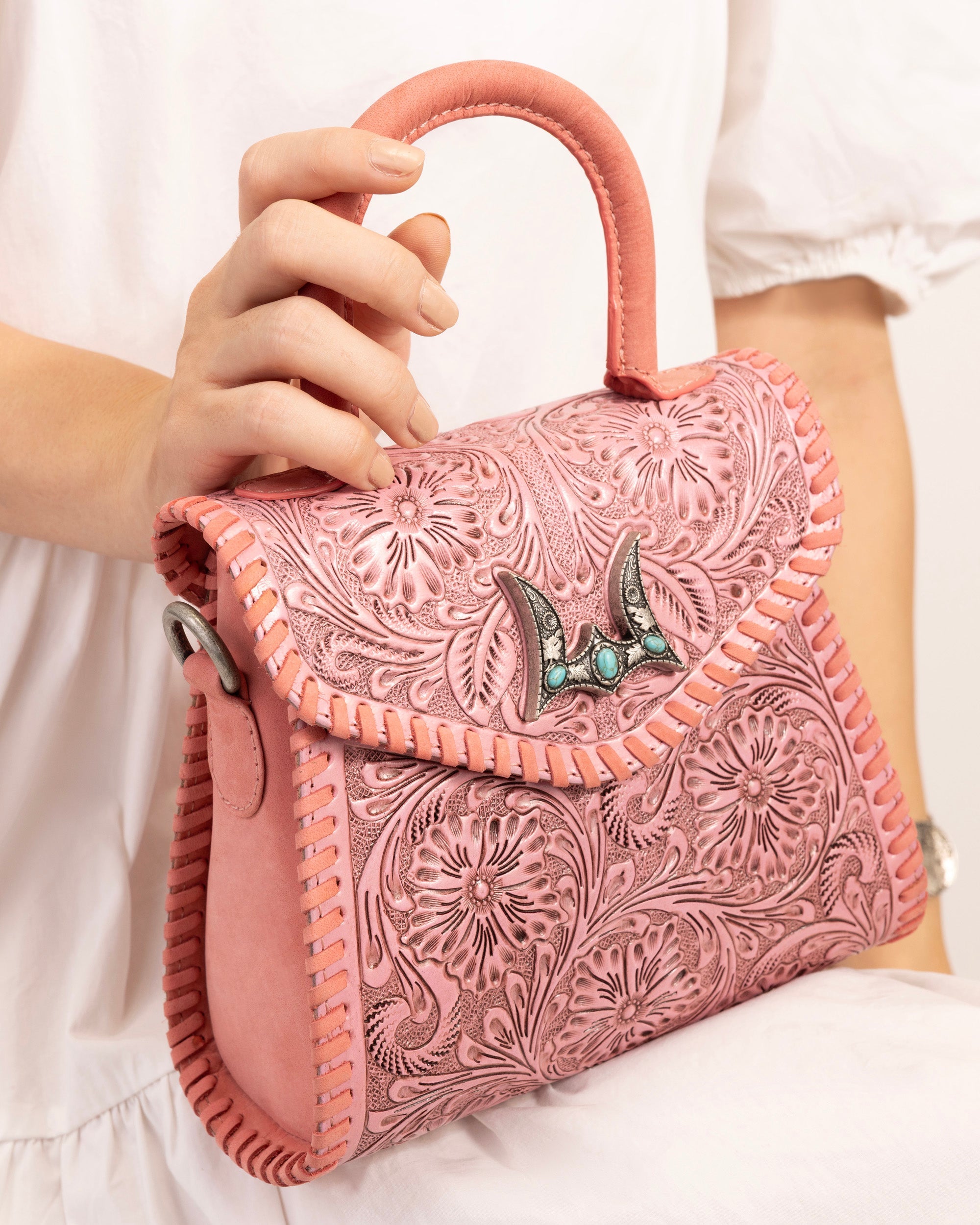 Leon Mini Handle Purse - Pink Handtooled Leather &amp; Calfskin