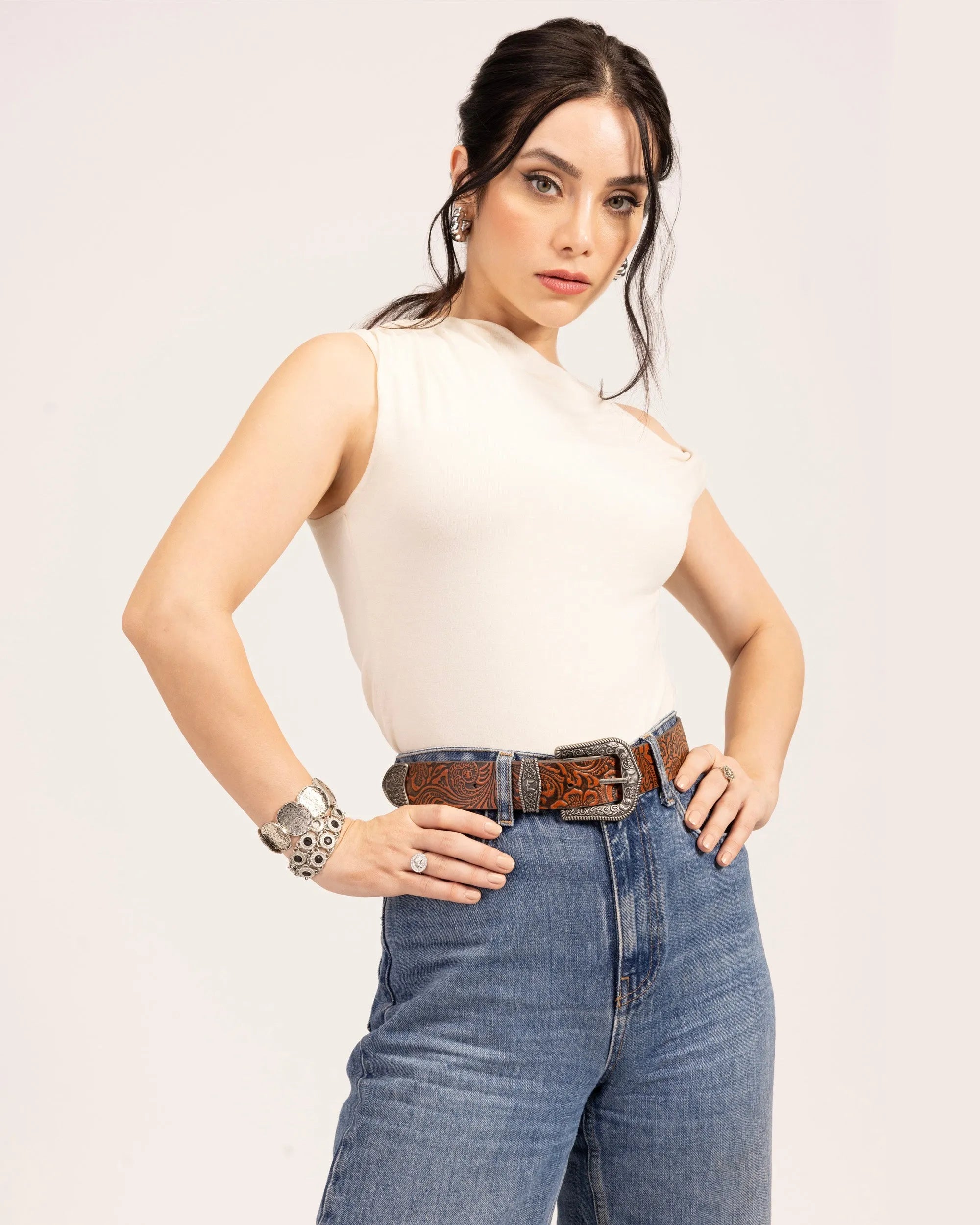 Sophia Belt - Brown Floral Leather