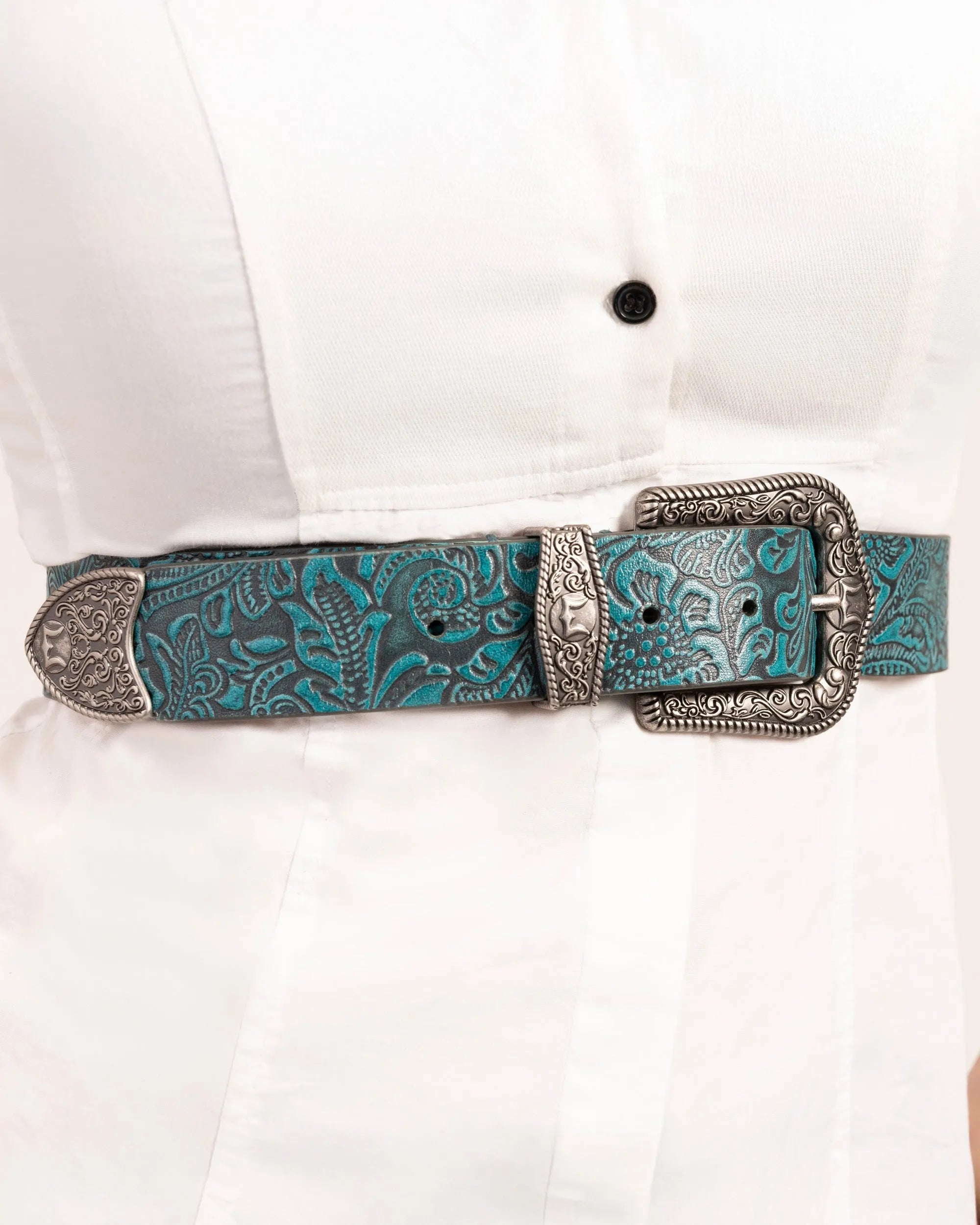 Sophia Belt- Turquoise Floral Leather