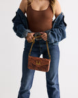 LW On The Go Mini Chain Bag In Hand Finished Embossed Leather - Brown