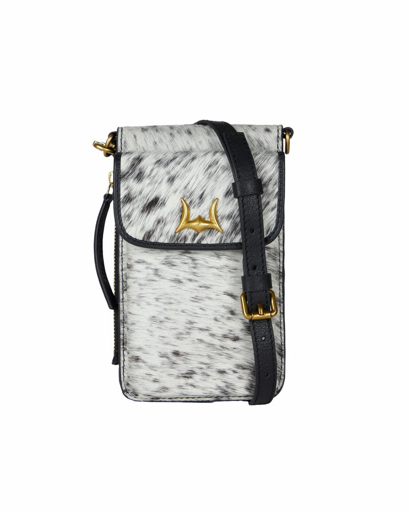 Shell Phone Bag In Black And White Cowhide
