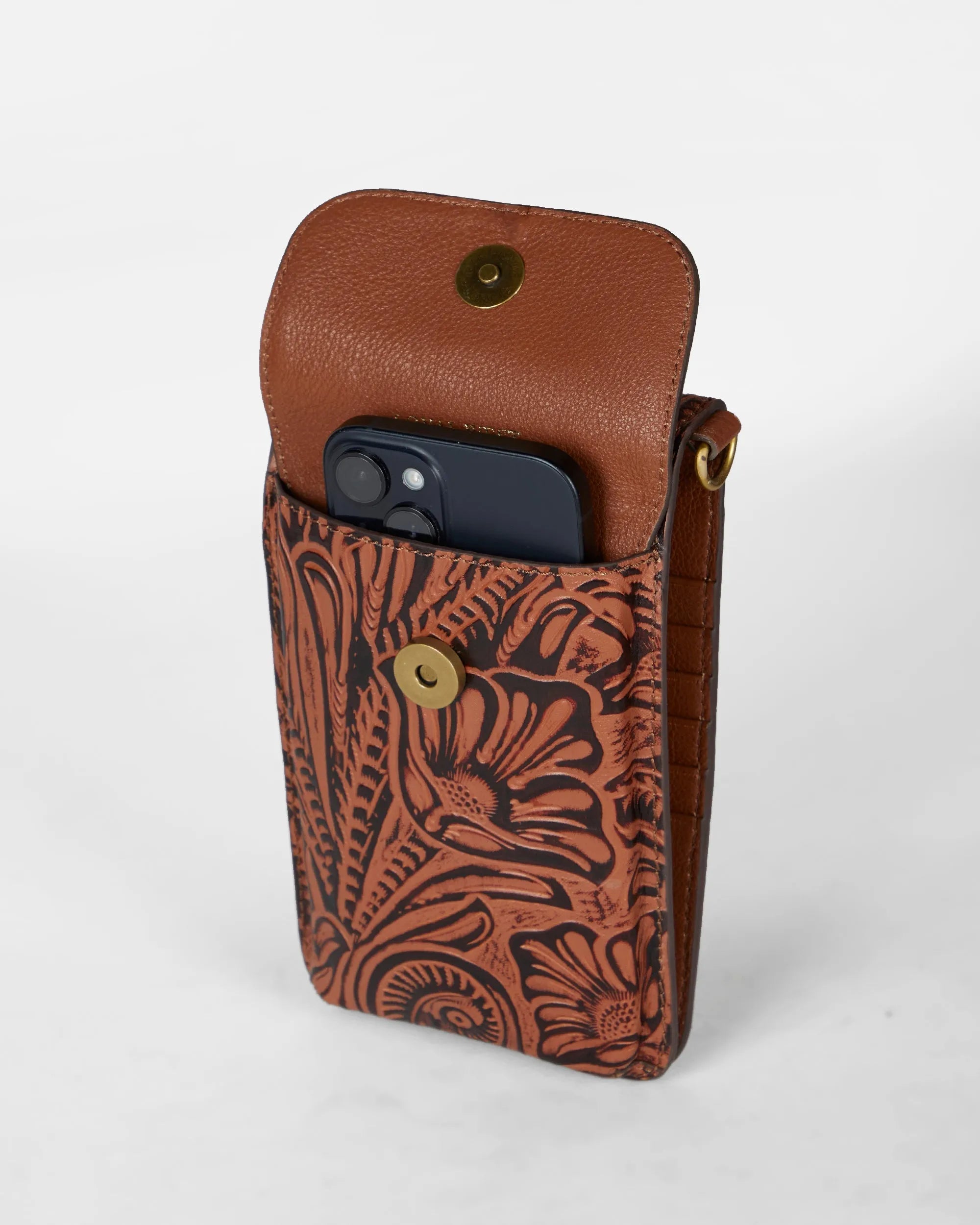 Shell Phone Bag  In Hand Finished Embossed Leather - Brown
