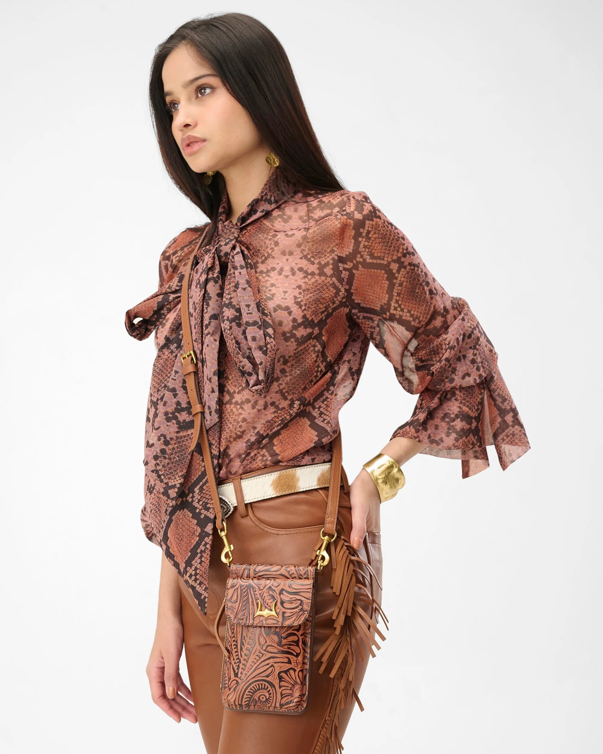 Shell Phone Bag  In Hand Finished Embossed Leather - Brown