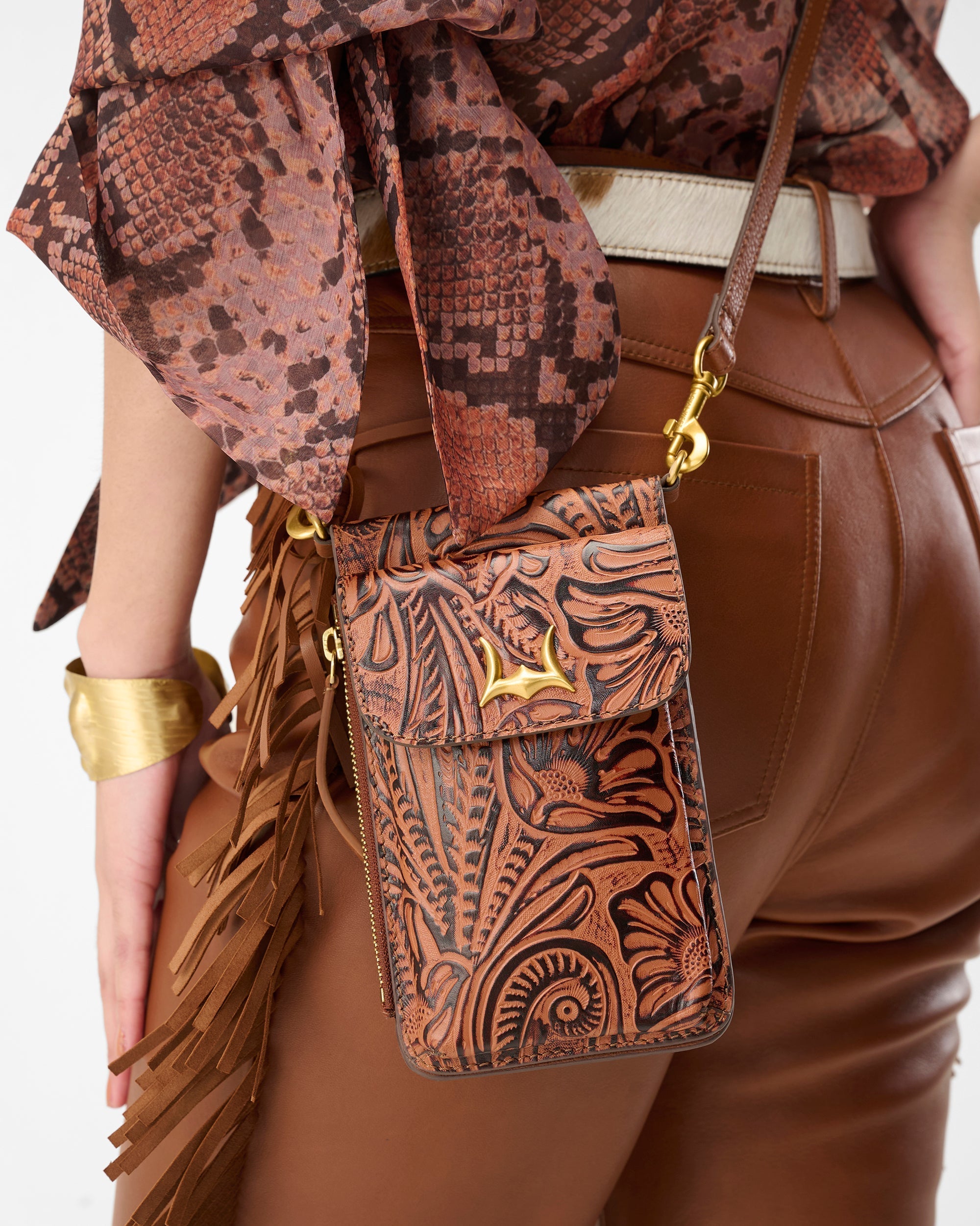 Shell Phone Bag  In Hand Finished Embossed Leather - Brown
