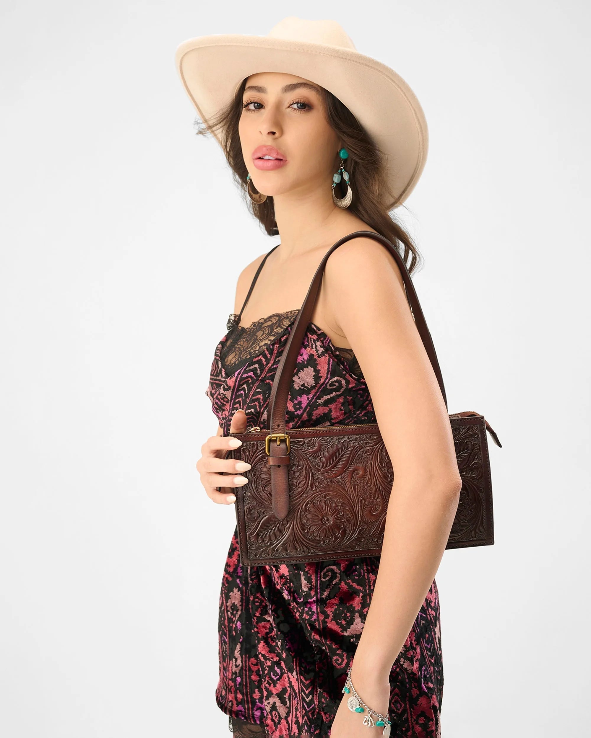 Mivva Handtooled Mini Bag - Brunette Leather