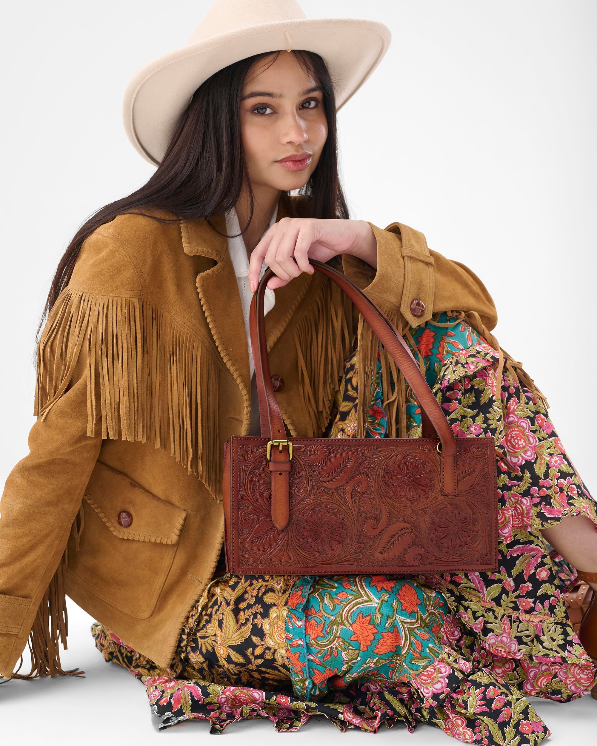 Mivva Handtooled Mini Bag - Soft Walnut Leather