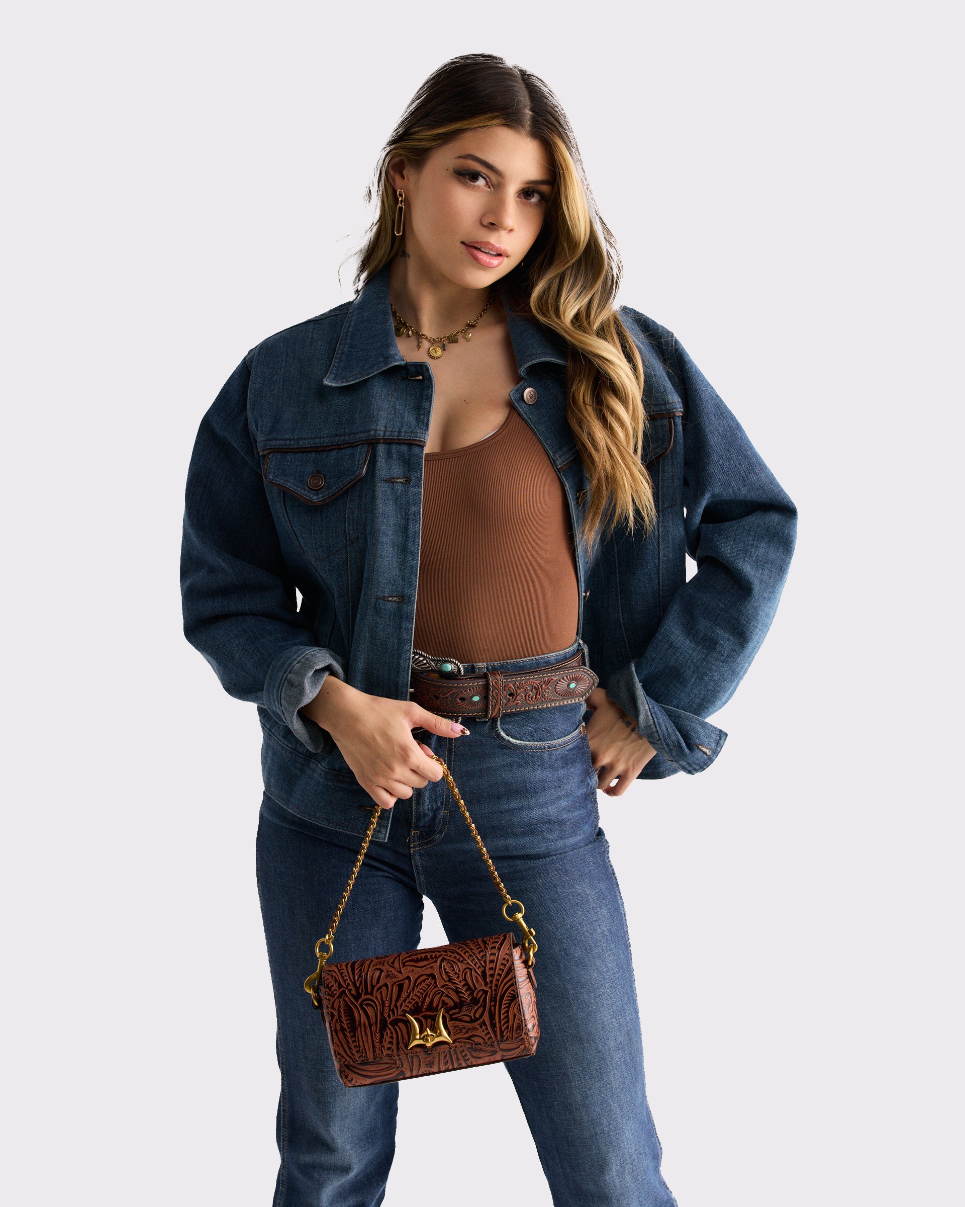 Savi Mini Bag In  Hand Finished Embossed Leather - Brown