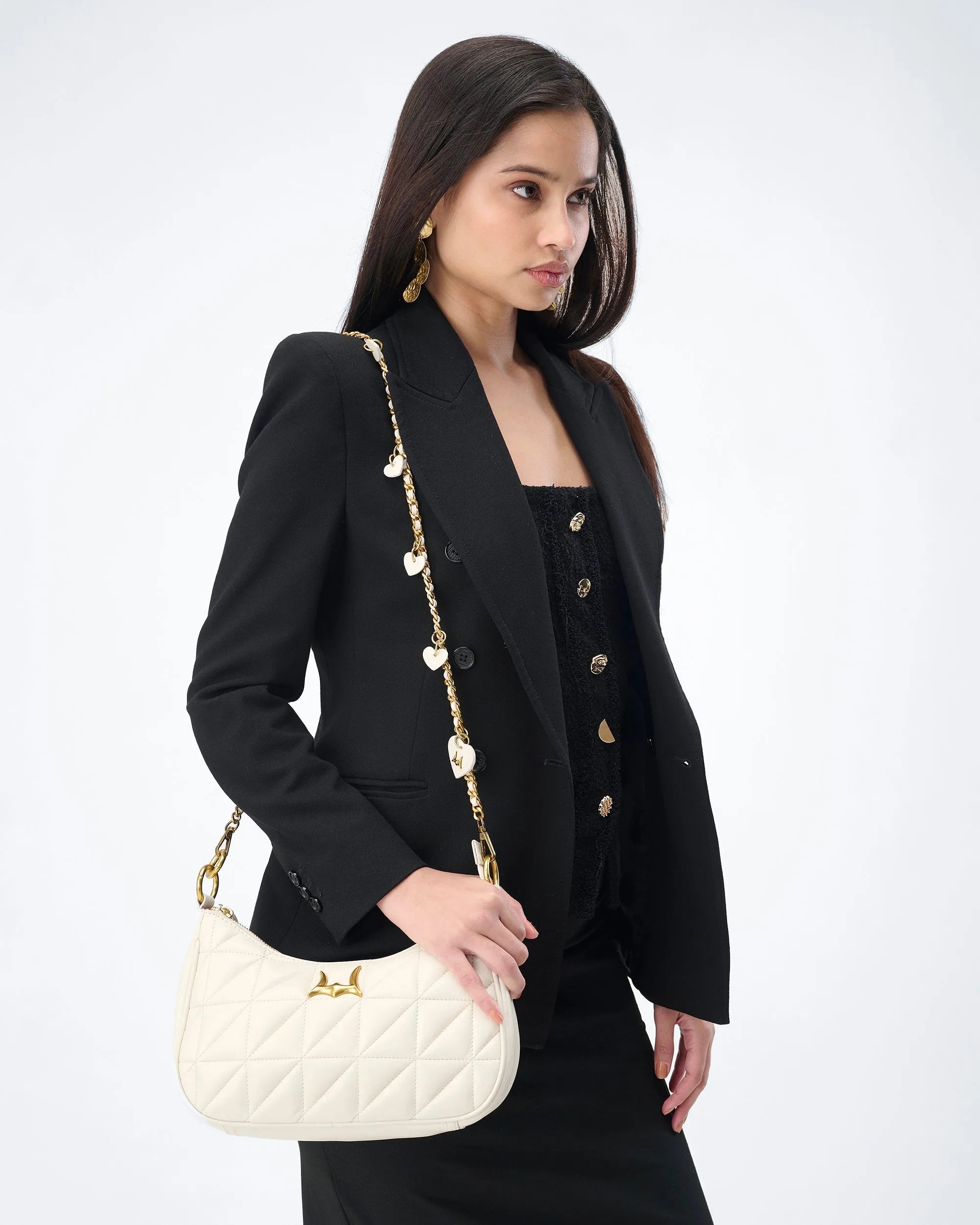 Heart Charm Chain In White Calf Leather (2 In 1 Crossbody Chain)