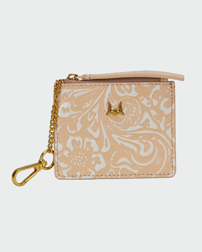 Sophia Credit Card Holder In Hand Finished Embossed Leather - Beige
