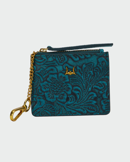 Sophia Credit Card Holder In Hand Finished Embossed Leather - Turquoise