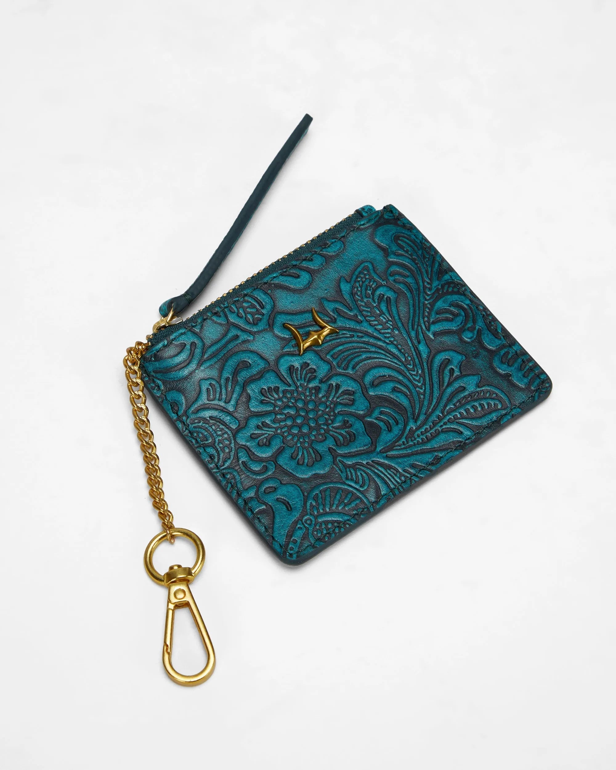 Sophia Credit Card Holder In Hand Finished Embossed Leather -  Turquoise