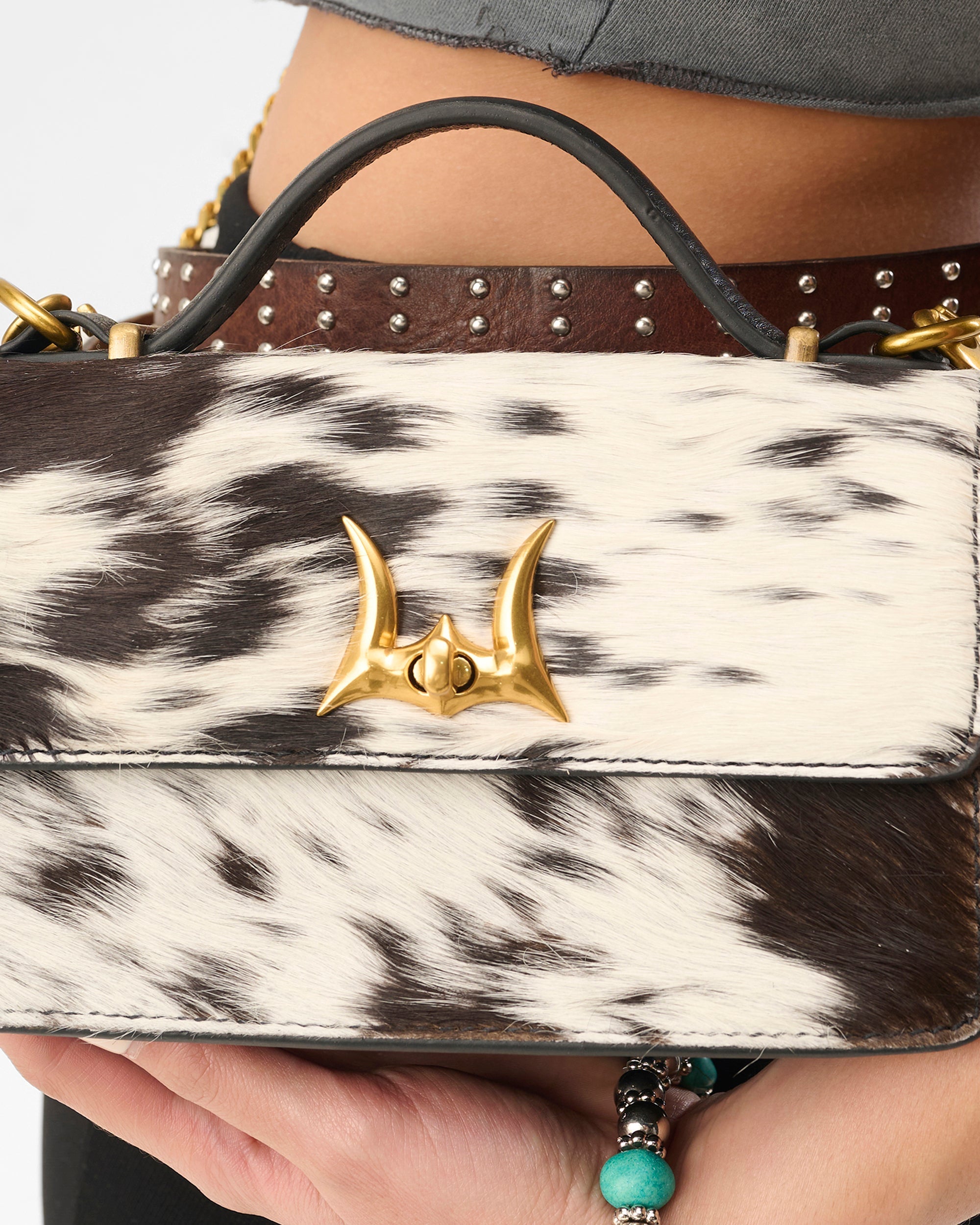Valencia Ostrich Leather Bag - Black &amp; White Cowhide