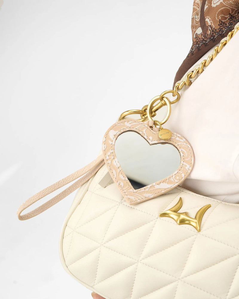 Heart Shape Bag Charm In Hand Finished Embossed Leather - White