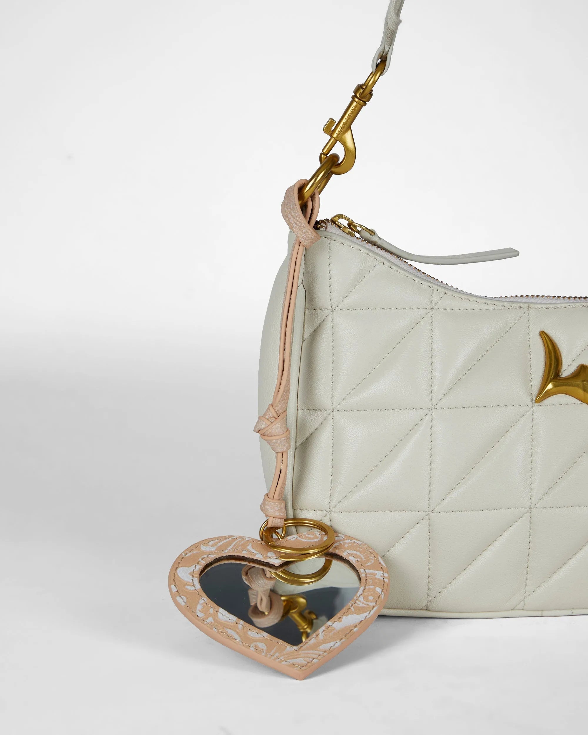 Heart Shape Bag Charm In Hand Finished Embossed Leather - White