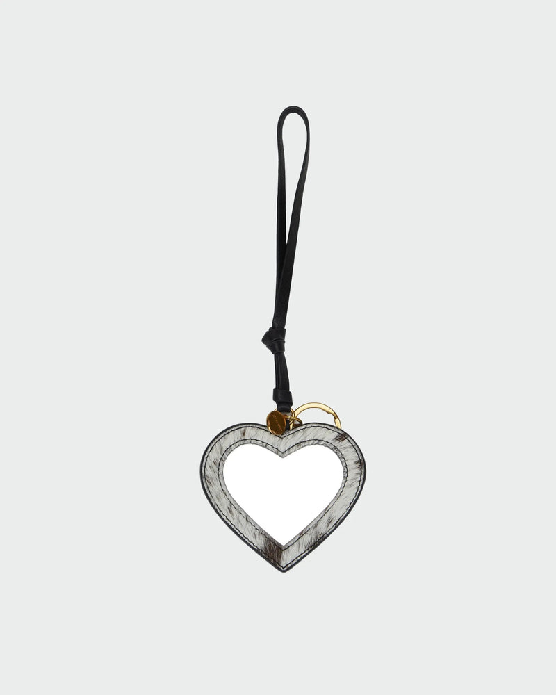 Heart Shape Bag Charm In Black & White Cowhide