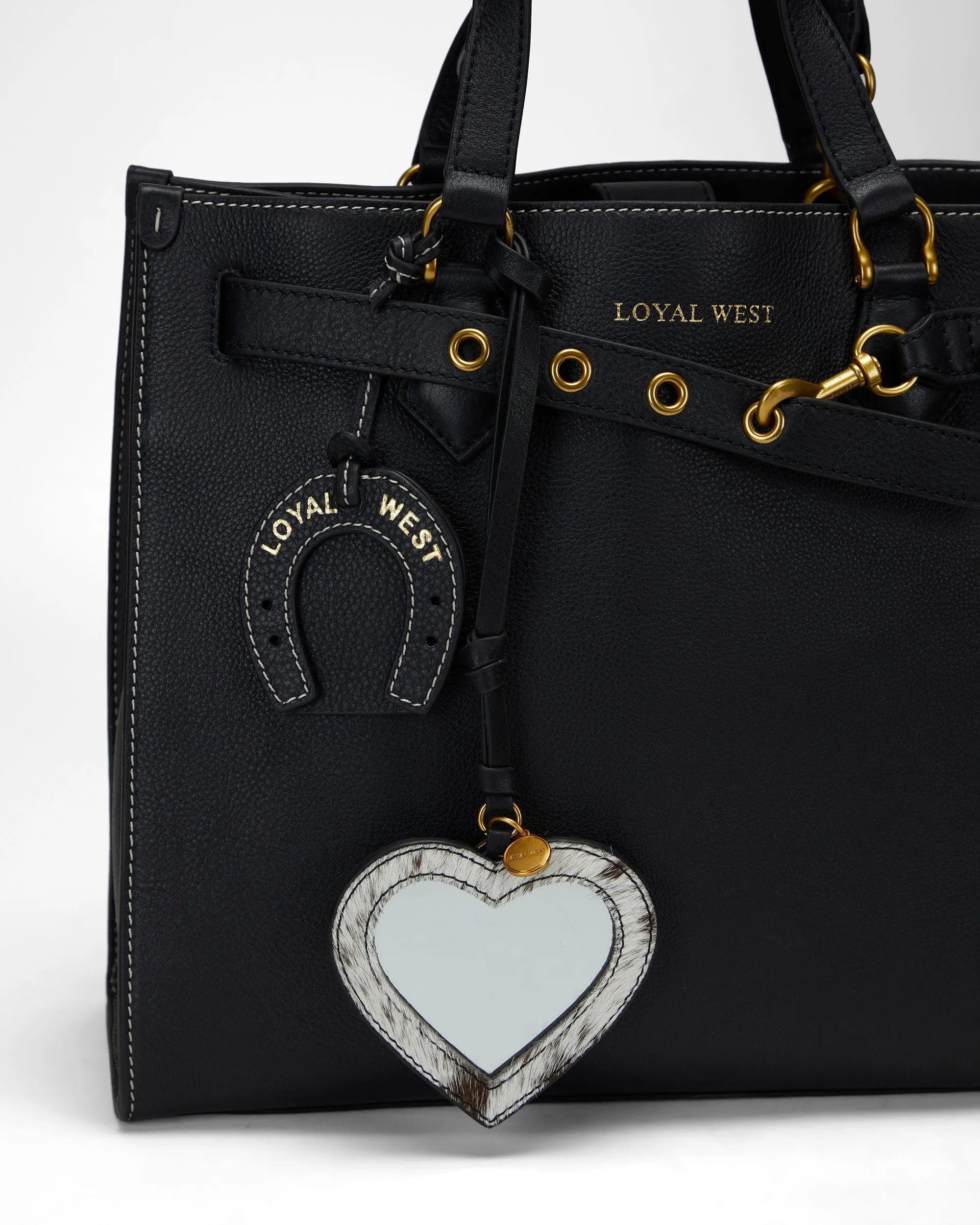Heart Shape Bag Charm In Black &amp; White Cowhide