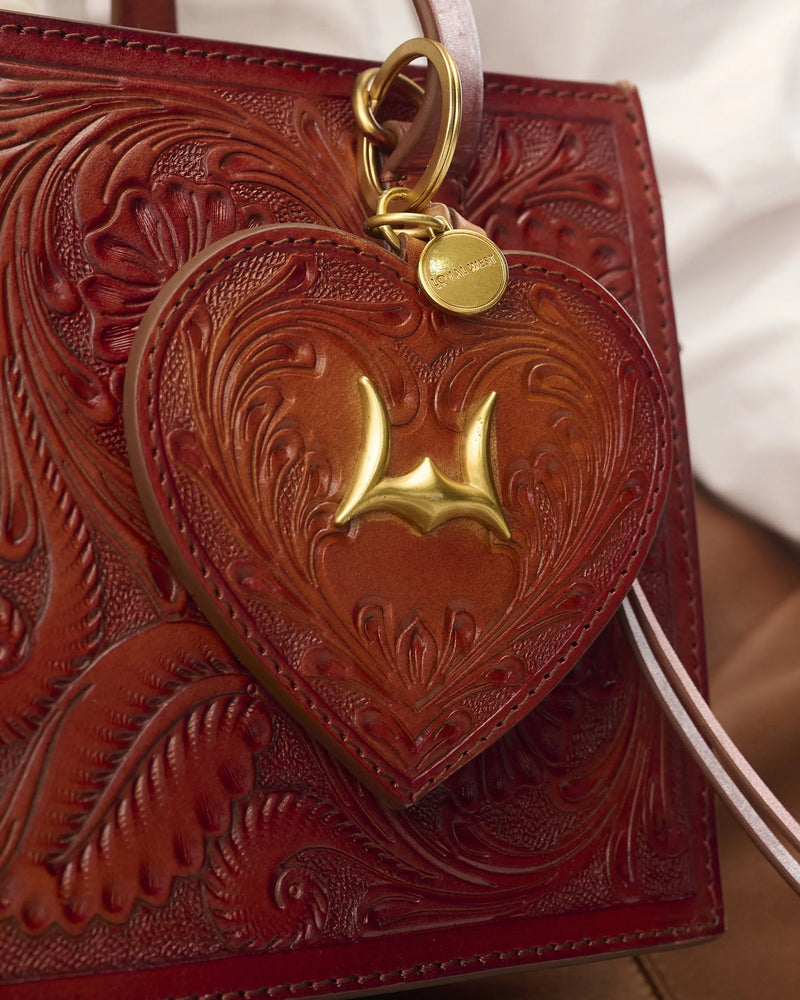 Heart Shape Bag Charm In Handtooled Leather